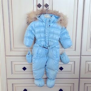 ADD Down Snowsuit With Detachable Hood, Fur, Mittens, Booties - Size 9M